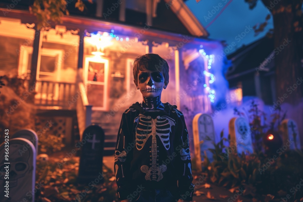 Obraz premium Young Boy in Skeleton Costume Standing by Haunted House with Spooky Decorations and Fog for Halloween