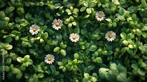 Close-Up of Green Foliage with White Daisies – Generative AI photo