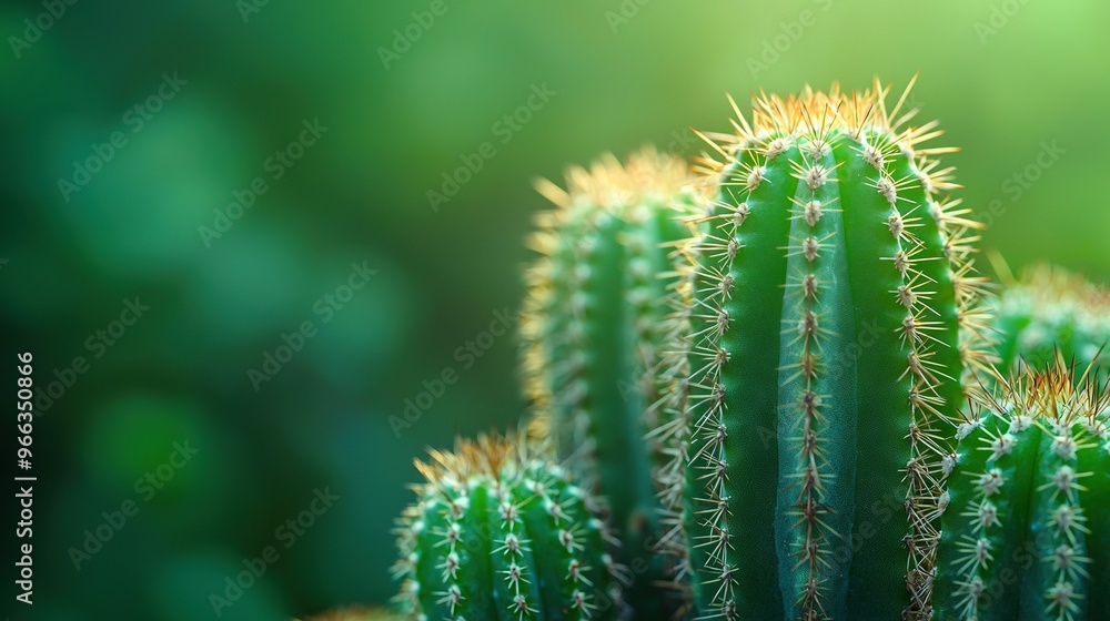 Close-up of green cactus with many small, round, spiky plants in the background Close-up of green cactus with many small, round, spiky plants in the background