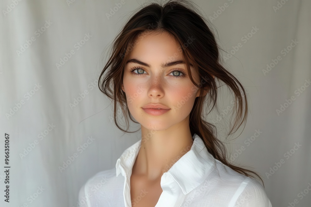 elegant woman in crisp white shirt natural lighting neutral background candid pose sophisticated aura timeless fashion portrait elegant woman in crisp white shirt natural lighting neutral background candid pose sophisticated aura timeless fashion portrait
