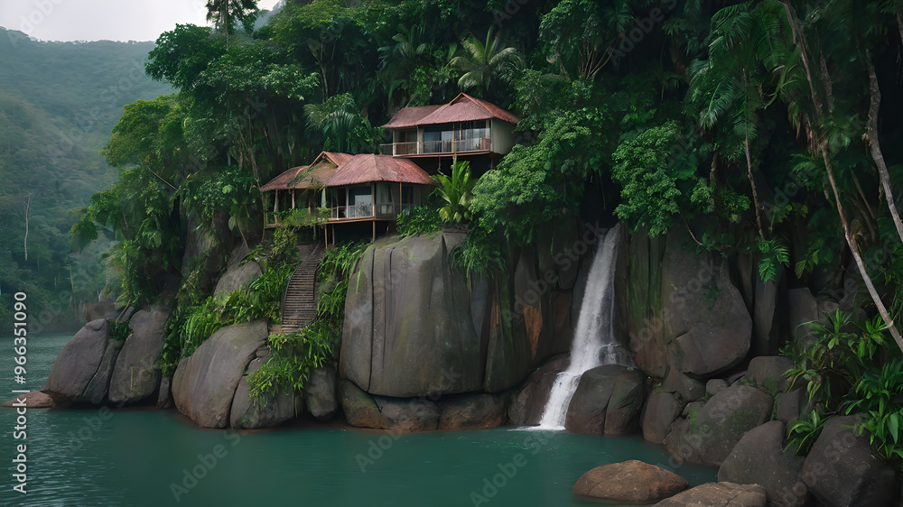 House on a cliff, on the seashore. In the middle of an incredibly beautiful forest, next to a waterfall. House on a cliff, on the seashore. In the middle of an incredibly beautiful forest, next to a waterfall.