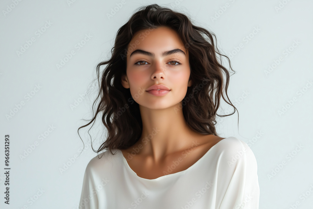 Studio portrait of young woman with wavy dark hair in white outfit, confident and relaxed expression
