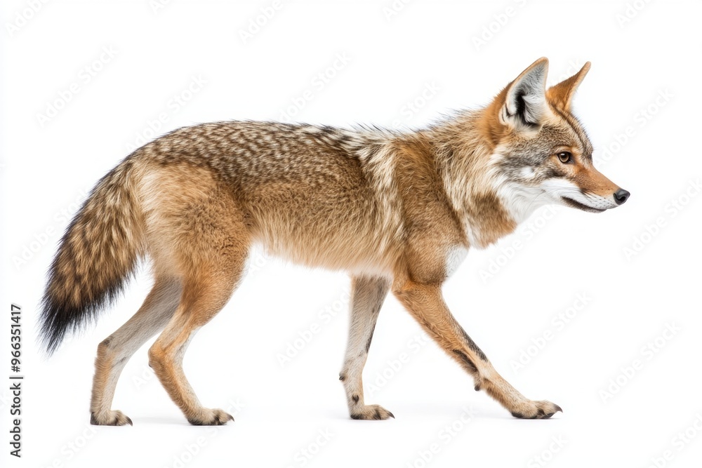 Fototapeta premium golden jackal moves with grace, its elegant frame highlighted by the contrasting white background. Its coat glistens, emphasizing sharp features as it walks.