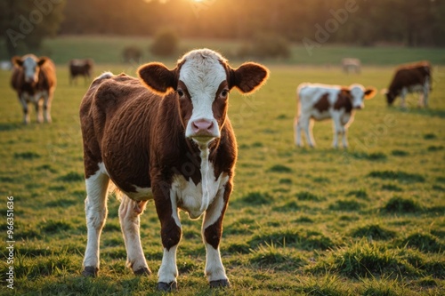 calf baby cow mini hereford in field pasture at sunset photo