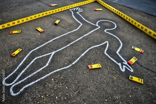 A crime scene investigation background featuring a life-sized body chalk outline on a dark asphalt surface, surrounded by scattered evidence markers and police tape.