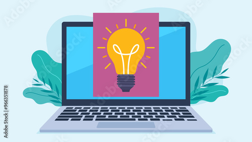 Flat design illustration. A laptop screen with a purple document on it and a glowing light bulb. The light bulb represents an idea and a way to solve a problem. photo