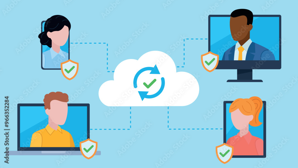 Team communication via cloud connection. The connection is secured with antivirus protection. Characters appear on screens of different devices. Flat design vector. Team communication via cloud connection. The connection is secured with antivirus protection. Characters appear on screens of different devices. Flat design vector.