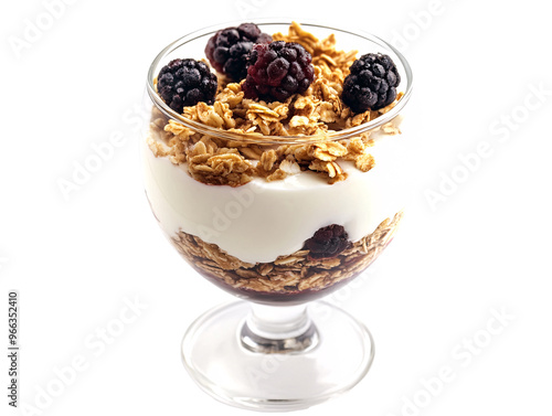 a glass of yogurt with granola and berries