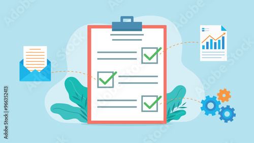 Notebook with checklist. With green selections there are graphics of a document with a chart, email and gears. Flat design vector. 