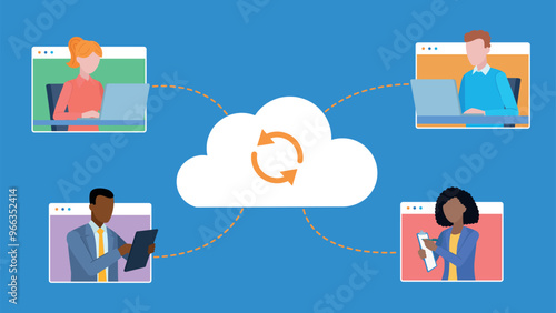Team communication via cloud connection. Employees connect via the app. They work on a laptop, tablet or take notes in a notebook. Flat design vector.