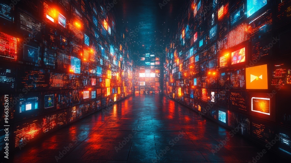 Futuristic digital data corridor with glowing screens Generative AI Futuristic digital data corridor with glowing screens Generative AI