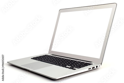 Open laptop with blank screen on white photo