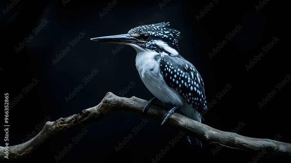 Obraz premium Pied Kingfisher Bird Sitting on a Branch with Black Background, Realistic Photo, Wallpaper, Cover and Screen for Smartphone, PC, Laptop, 9:16 and 16:9 Format