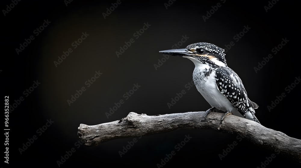 Obraz premium Pied Kingfisher Bird Sitting on a Branch with Black Background, Realistic Photo, Wallpaper, Cover and Screen for Smartphone, PC, Laptop, 9:16 and 16:9 Format