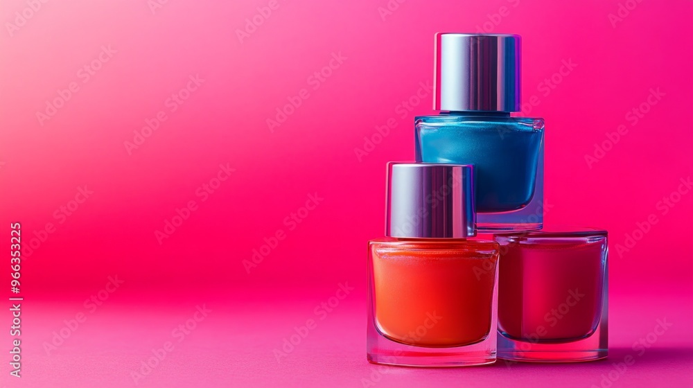 Three stylish nail polish bottles in vibrant colors stand against a bright pink backdrop. Perfect for beauty enthusiasts and nail artists. This image captures elegance and creativity. AI Three stylish nail polish bottles in vibrant colors stand against a bright pink backdrop. Perfect for beauty enthusiasts and nail artists. This image captures elegance and creativity. AI