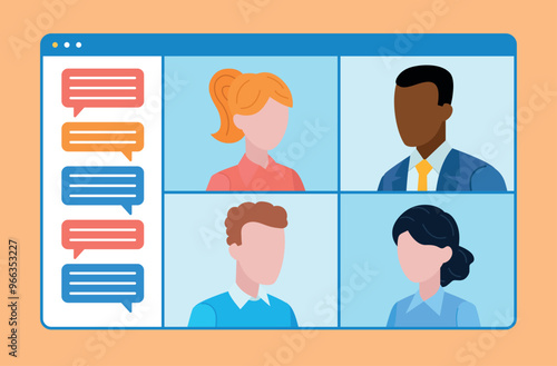 Video chat work team conversation with text chat. Four employees talk on a video call in a web application. Employees of different ethnicities and genders. Flat design vector