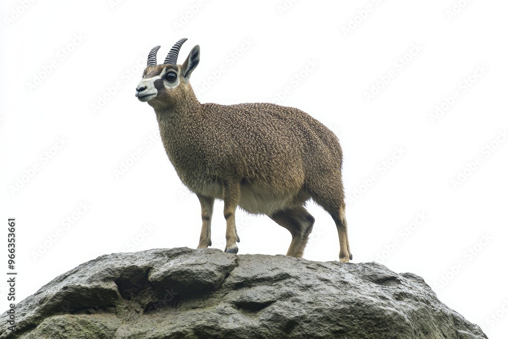 klipspringer stands confidently on a rock, its small frame and short horns highlighted against a clean white background, embodying the beauty of this agile antelope. klipspringer stands confidently on a rock, its small frame and short horns highlighted against a clean white background, embodying the beauty of this agile antelope.