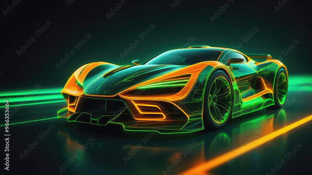 Luxury sports car in neon orange and green lights, powerful acceleration of a supercar. Luxury sports car in neon orange and green lights, powerful acceleration of a supercar.