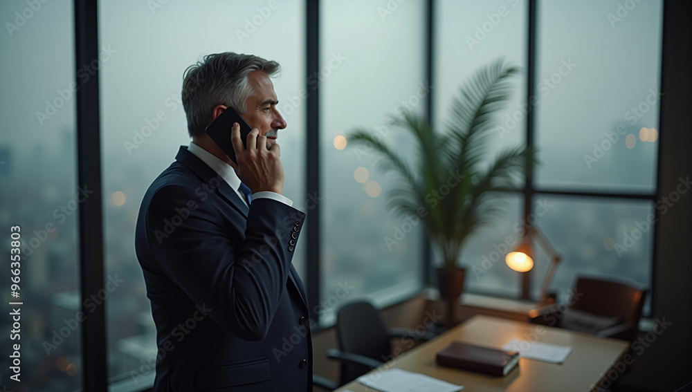 Businessman in modern office with foggy city view Businessman in modern office with foggy city view