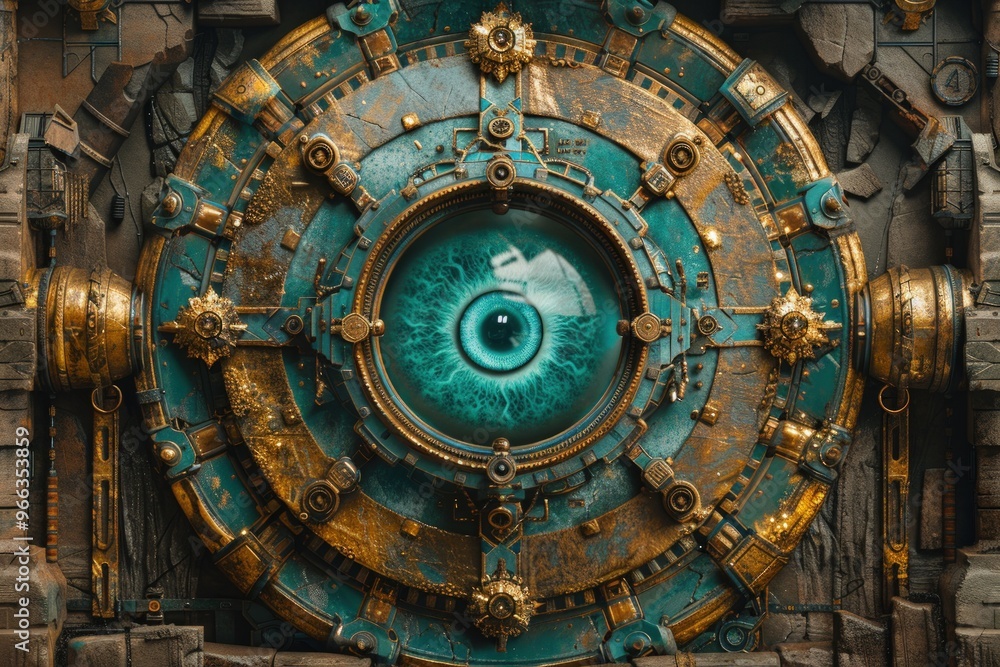 A circular, intricate, steampunk design with a large, blue eye in the center, set against a backdrop of textured stone. A circular, intricate, steampunk design with a large, blue eye in the center, set against a backdrop of textured stone.