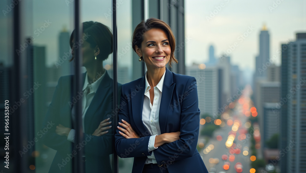 Businesswoman standing against cityscape backdrop Businesswoman standing against cityscape backdrop