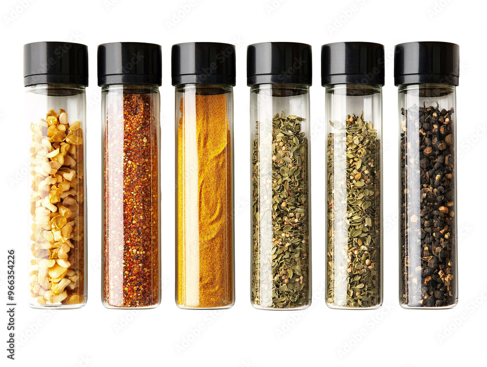 a row of small glass containers with different colored spices a row of small glass containers with different colored spices