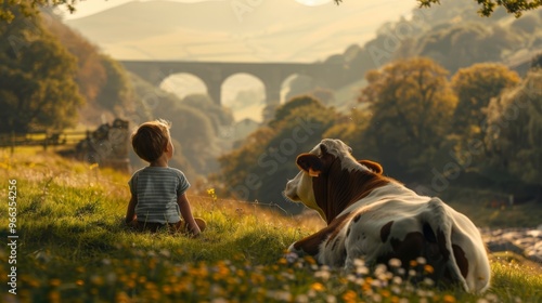 A child relaxes with a cow in a sunny field near a beautiful bridge landscape photo