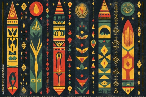 Artwork displaying the seven kwanzaa values. Features symbols, dates, and swahili terms for every value. Adorned with classic african motifs