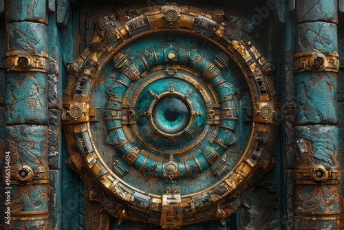 Close-up of a circular, golden and turquoise eye-shaped mechanism.