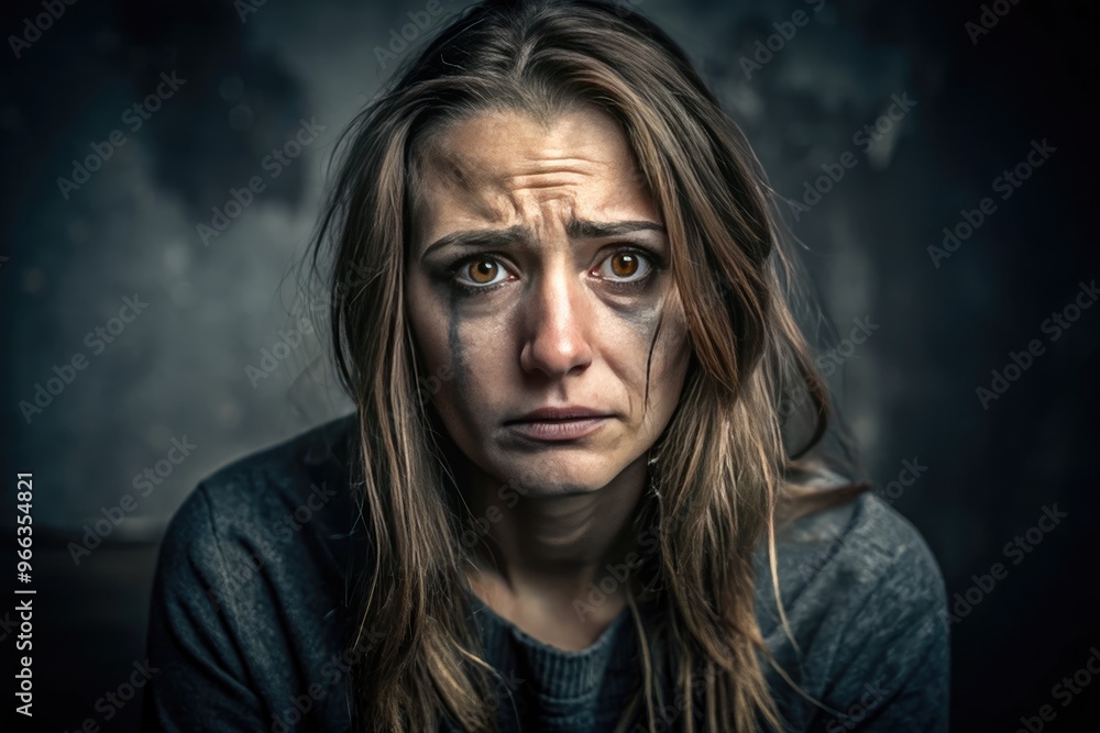 A distressed woman with a bruised face and tears in her eyes, sitting alone in the dark, conveying a sense of fear and vulnerability. A distressed woman with a bruised face and tears in her eyes, sitting alone in the dark, conveying a sense of fear and vulnerability.