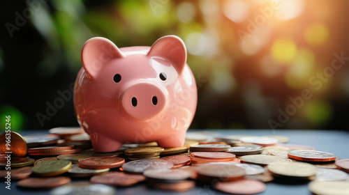 A charming pink piggy bank sits atop a pile of coins, symbolizing financial stability, savings, prosperity, and achieving financial goals.