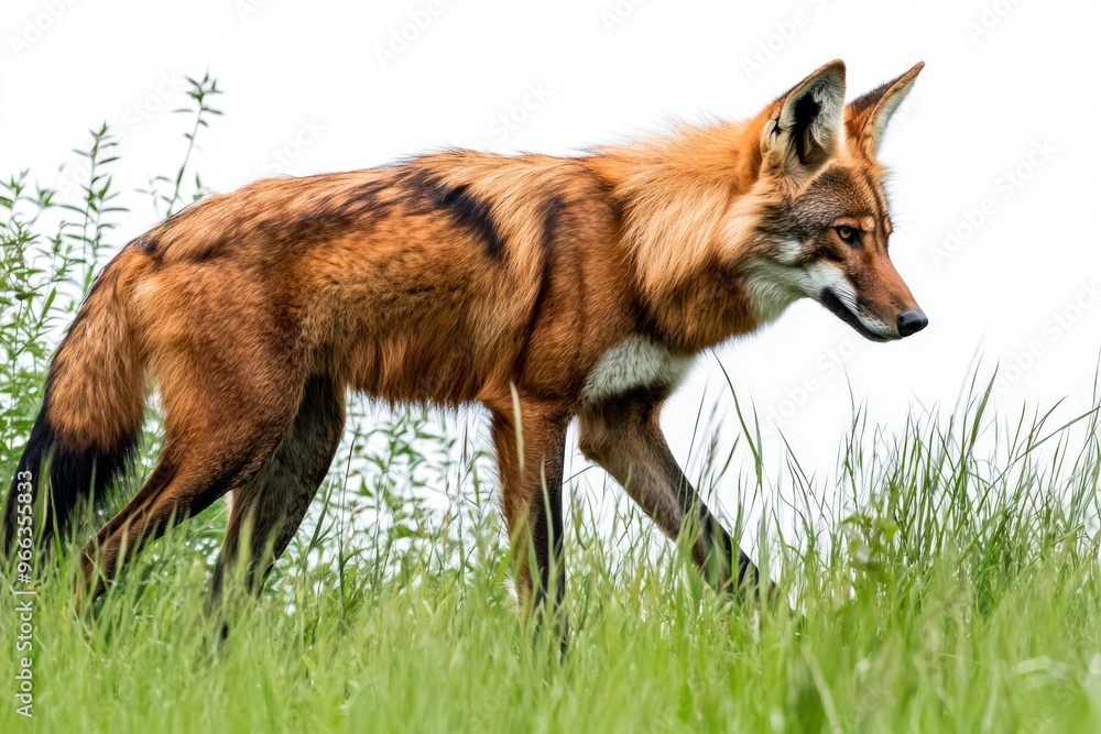 Fototapeta premium maned wolf navigates through lush, tall grass, its long legs accentuating its unique physique while its vibrant reddish coat stands out against a clean white background.