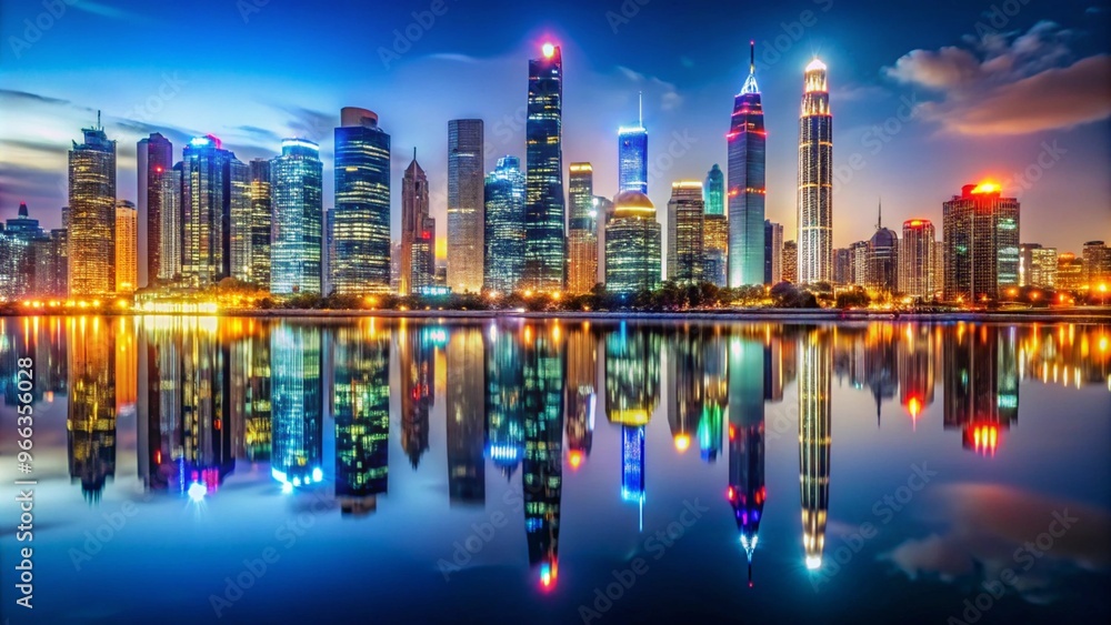 Obraz premium Stunning City Skyline at Night Showcasing Glowing Lights and Reflections for Urban Photography Projects