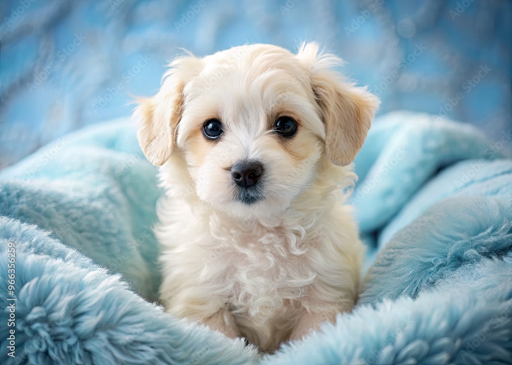 Adorable fluffy white puppy with big brown eyes and wagging tail curls up on soft pastel blue blanket, radiating innocence and sweetness. Adorable fluffy white puppy with big brown eyes and wagging tail curls up on soft pastel blue blanket, radiating innocence and sweetness.