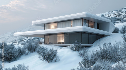 Modern minimalist villa on a hill in snow. Generative AI.