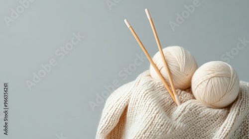 A close-up shot of a light gray-beige knitted fabric with two wooden knitting needles and two balls of yarn, creating a cozy and inviting atmosphere. The selective focus on the fabric emphasizes its t