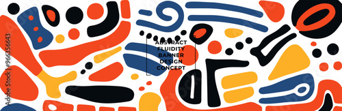Creative abstract doodle banner featuring geometric shapes and minimalist elements in a primitive style ideal for modern backgrounds, focusing on artistic fluidity and clean, contemporary composition