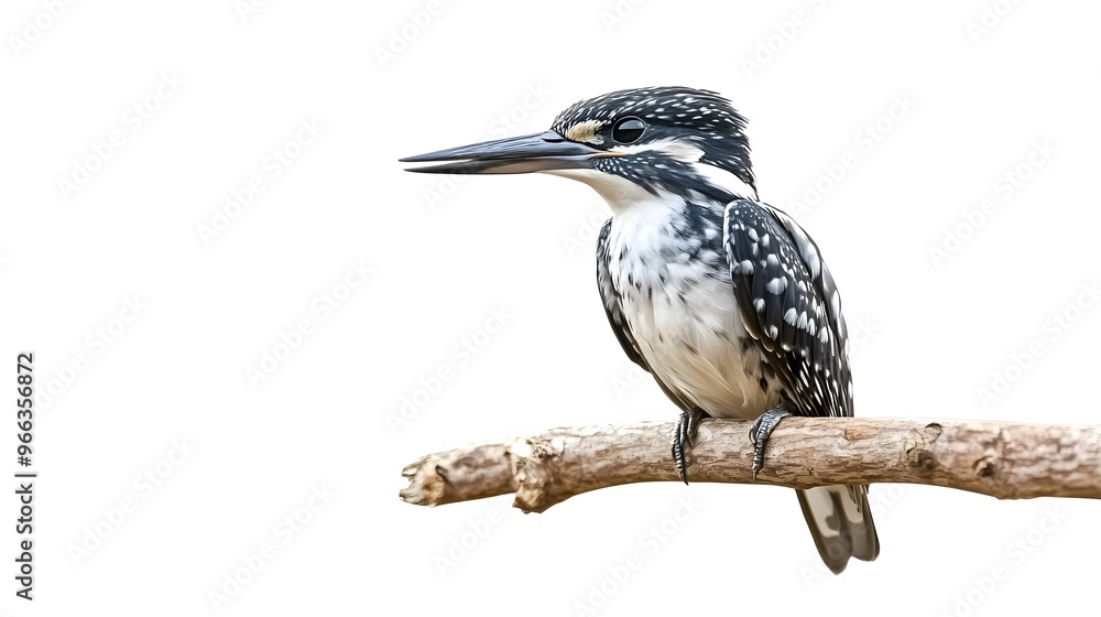 Obraz premium Pied Kingfisher Bird Sitting on a Branch with White Background, Realistic Photo, Wallpaper, Cover and Screen for Smartphone, PC, Laptop, 9:16 and 16:9 Format