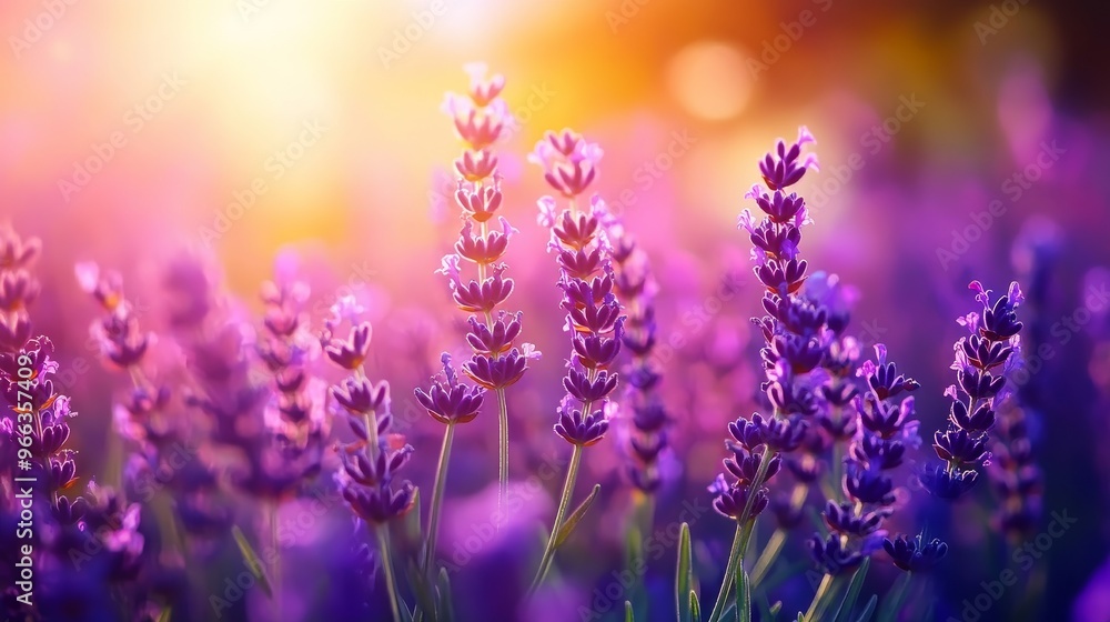 A field of lavender flowers bathed in the warm glow of the setting sun. The flowers are in soft focus, creating a dreamy and romantic atmosphere. This image symbolizes peace, tranquility, relaxation, A field of lavender flowers bathed in the warm glow of the setting sun. The flowers are in soft focus, creating a dreamy and romantic atmosphere. This image symbolizes peace, tranquility, relaxation,