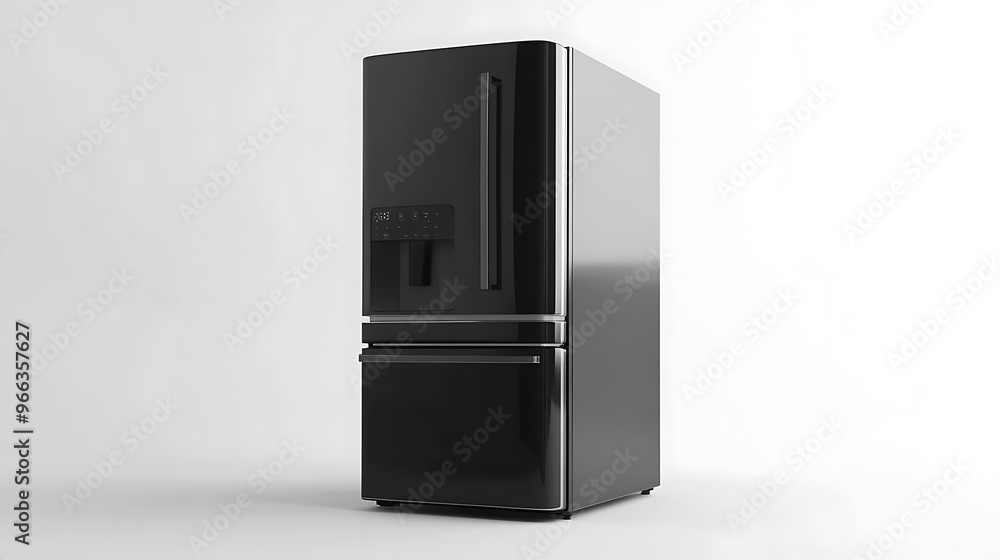 A stylish, smart refrigerator with a sleek, glass door and digital touch interface, positioned alone on a white background. A stylish, smart refrigerator with a sleek, glass door and digital touch interface, positioned alone on a white background.