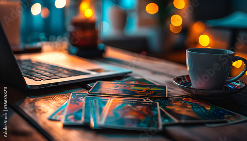 pile of oracle cards deck next to a laptop on a table