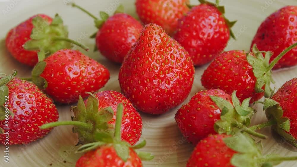 Fresh ripe juicy strawberries with green branches in a plate rotating in a circle. Medium shot. Fresh ripe juicy strawberries with green branches in a plate rotating in a circle. Medium shot.