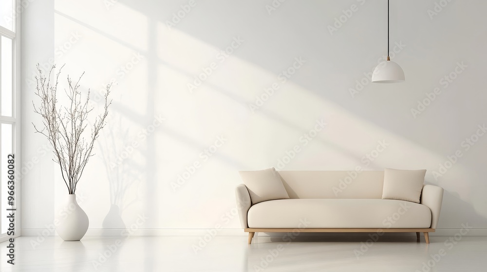 A modern and minimalist living room with a white sofa, a single vase of branches, and a pendant light. The room is flooded with natural light that casts shadows on the walls. The white walls and floor A modern and minimalist living room with a white sofa, a single vase of branches, and a pendant light. The room is flooded with natural light that casts shadows on the walls. The white walls and floor