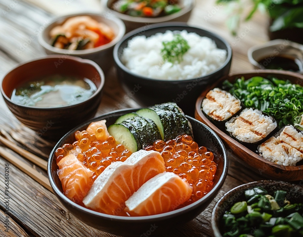 A photo captures a close-up of a sushi bowl surrounded by chopsticks on one side A photo captures a close-up of a sushi bowl surrounded by chopsticks on one side