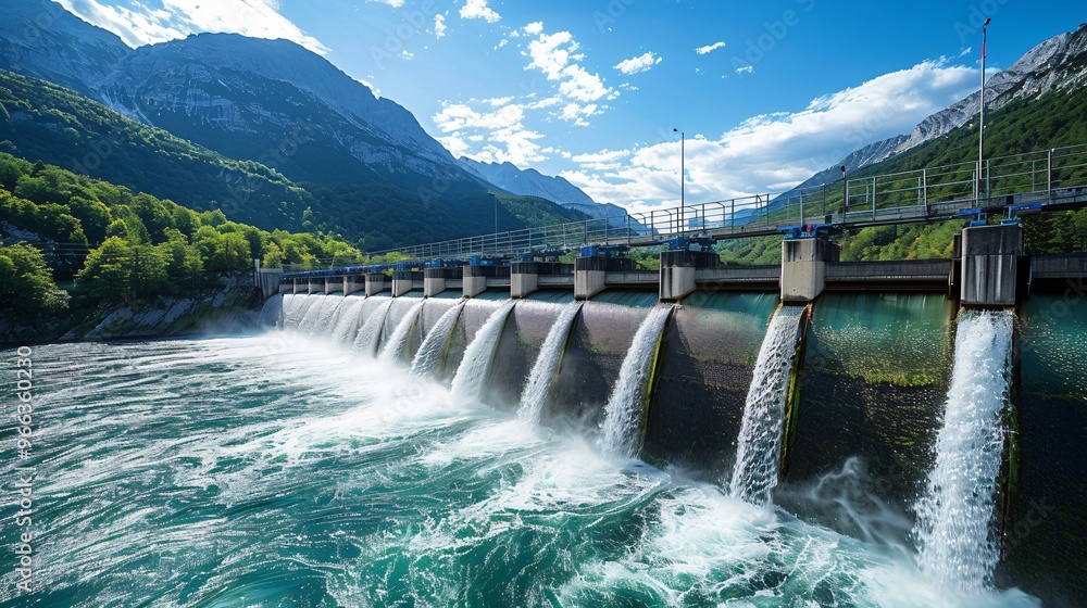 Fototapeta premium Hydroelectric dam in operation, with water powering turbines