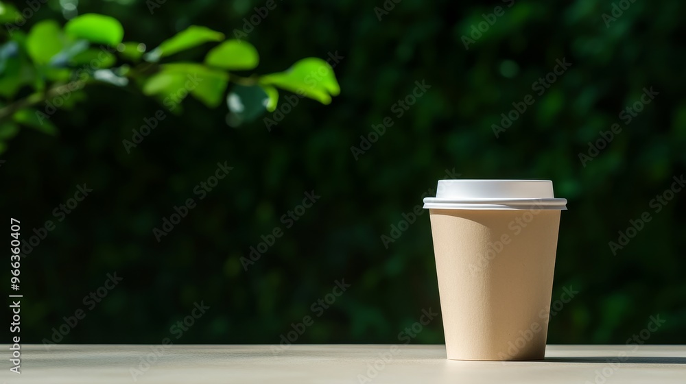 A paper cup of coffee sits on a table in front of a lush green background, representing a refreshing break, simple pleasures, and the enjoyment of a classic beverage.
