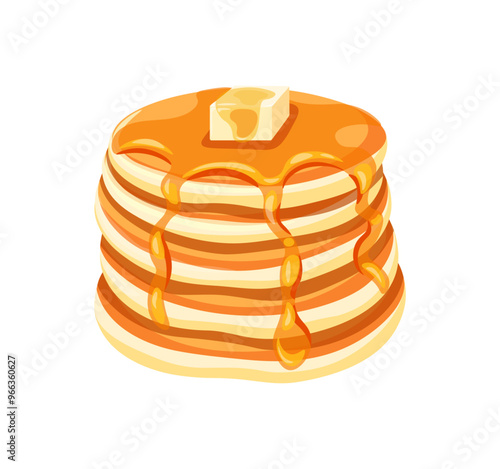 Delicious pancakes with butter in a cartoon style. Vector illustration of fresh and fluffy pancakes drizzled with honey and a piece of butter isolated on a white background. American breakfast.