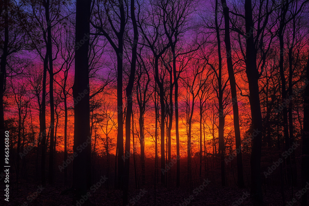 Vibrant sunset with purple and orange hues shining through the silhouette of tall trees in a forest, creating a dramatic and peaceful natural scene Vibrant sunset with purple and orange hues shining through the silhouette of tall trees in a forest, creating a dramatic and peaceful natural scene