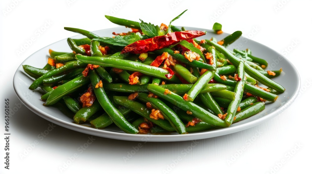 A plate of vibrant green beans stir-fried with chili peppers, garlic, and a touch of spice. The green beans are cooked to perfection, with a slight crispness. The chili peppers add a kick of heat, whi A plate of vibrant green beans stir-fried with chili peppers, garlic, and a touch of spice. The green beans are cooked to perfection, with a slight crispness. The chili peppers add a kick of heat, whi