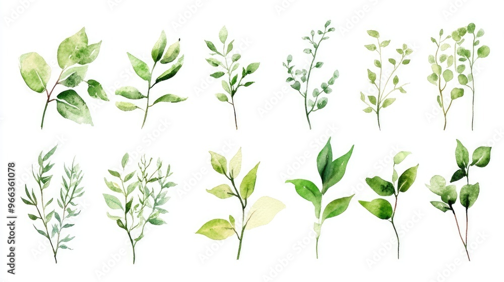 Artistic watercolor collection of foliage plants with intricate detailing, each isolated in a thin frame, against a luminous white background Artistic watercolor collection of foliage plants with intricate detailing, each isolated in a thin frame, against a luminous white background